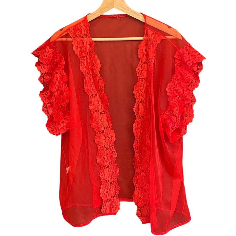 90s Alana Gale Intimates Sheer Lace Robe Coquette Romantic Red 4XL